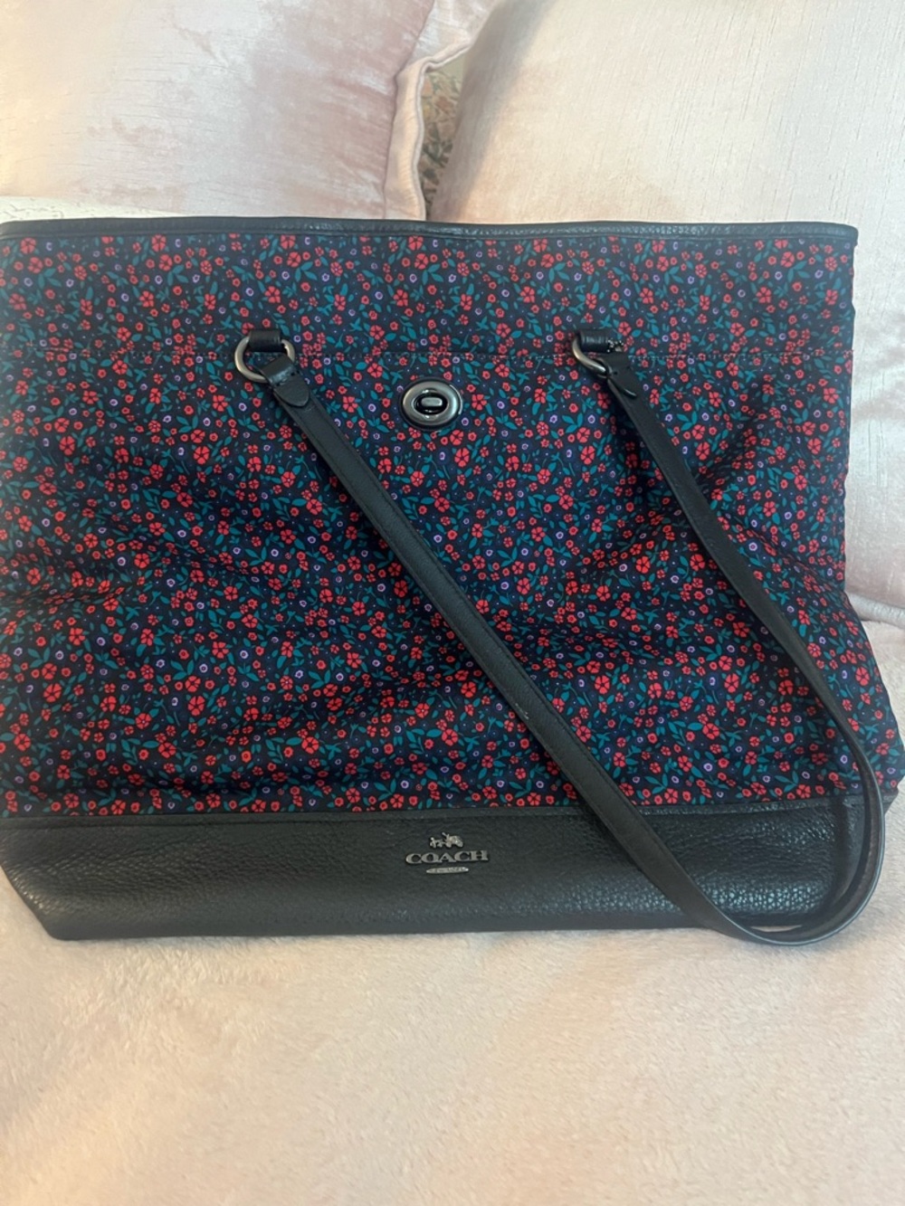 Coach Black Quilted Tote with Red and Blue Floral Print